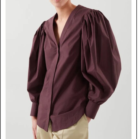 COS Puff-Sleeve V-Neck Cotton-Stretch Burgundy Minimalist Blouse EU 36 US S - Picture 1 of 10